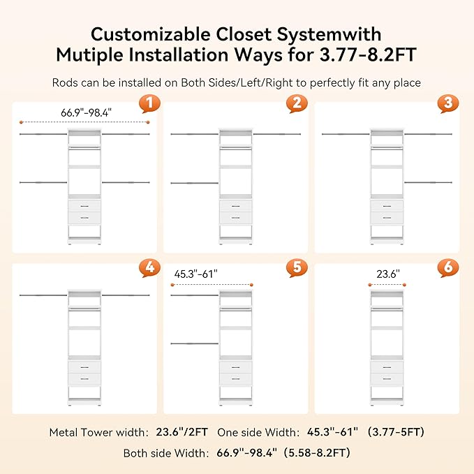 Metal Closet System, 4FT-8FT Closet Organizer System with 4 Expandable Hanging Rods and Metal Tower,79"H Walk in Closet System with 2 Drawers and Shelving,Built in Closet,Wall Mount,White