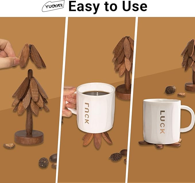 Yuoyar Coasters, Wooden Tree-Shaped sapele Wood Drink Coasters Set for Coffee Table, Kitchen Table Decor