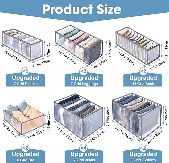 14 Pcs 6 Different Sizes Upgraded Wardrobe Clothes Organizer Jeans Organizer for Closet Foldable Pants Storage with Compartments Divided Sweater Boxes for Closet Shirts Underwear Socks Bra Bins, Gray