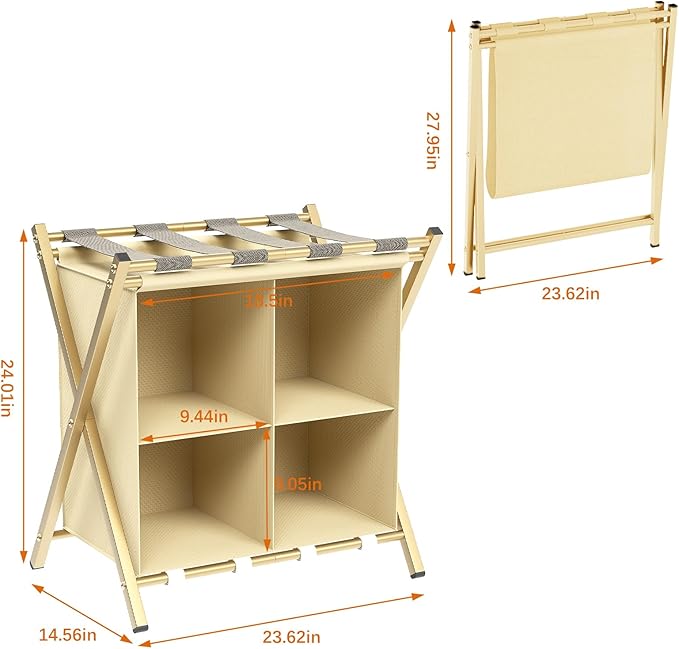 aboxoo 2 Pack Luggage Rack with storage, Guest Room Folding Suitcase Stands, Holds up to 120 lb, Space Saving Suitcase Holders for guest room, Bedroom Hotel, Gold