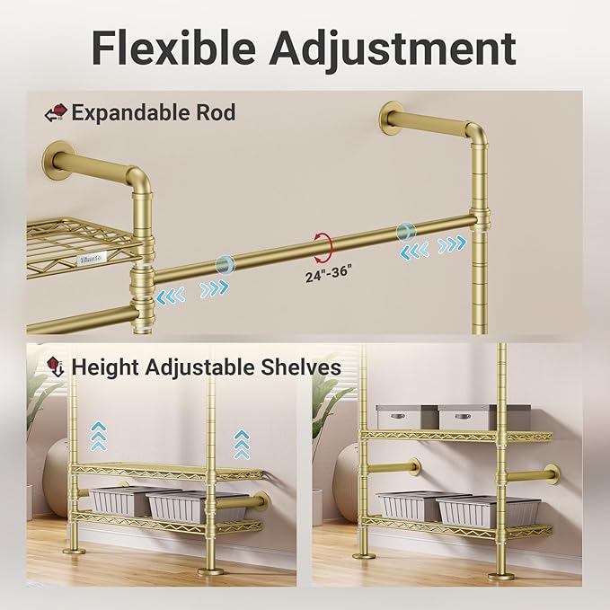 Timate L2 Wall Mounted Clothes Rack Industrial Pipe Clothing Rack for Hanging Clothes, Adjustable Expandable Garment Rack Heavy Duty Closet Organizer, Gold Mounted Closets Industrial Closet System