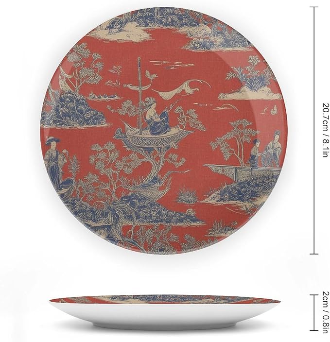 Cheng Toile Dynasty Red Chinoiserie Decorative Plate, Personalized Chinese Plates for Household Art Decoration Festival Decor, 1 Plate with 1 Display Stand Art Decorations for Office Table