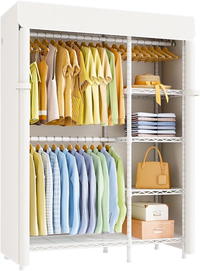 F2C Clothes Rack with Cover, Clothing Racks for Hanging Clothes, Heavy Duty Garment Rack with Shelves and Hanger Rods, White Closet with Beige Cover, 47.2" W x 16.5" D x 78.3" H, Load 630lbs