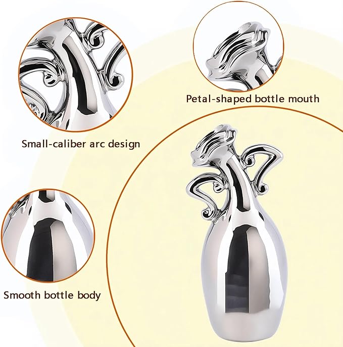 Unique Vases for Flowers，7 Inch Silver Small Diameter Vase, A Novel Decoration for The Dining Table, Living Room, Bookshelf and Office, A for Flower Lovers