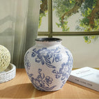 Ceramic Flower Vase Home Decor, 6.2 inch Farmhouse Rustic Vintage Decorative Vases, Pottery Terracotta Boho Flowers Vases for Dining Table, Living Room, Shelf, Kitchen, Bedroom (6.2"-Blue and White)