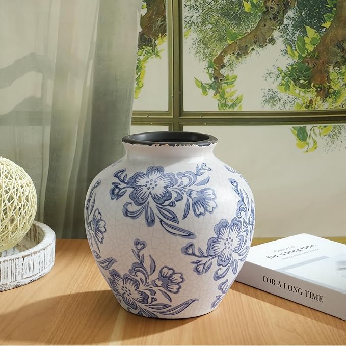 Ceramic Flower Vase Home Decor, 6.2 inch Farmhouse Rustic Vintage Decorative Vases, Pottery Terracotta Boho Flowers Vases for Dining Table, Living Room, Shelf, Kitchen, Bedroom (6.2"-Blue and White)
