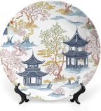 Chinoiserie Pagoda White Coral Blue Asian Fashion Plates of 6", 7", 9", 10", Customize Hand-Painted Ceramic Decorative Plates, Table Housewarming Gifts Decorations Display, Unique Art with Stand