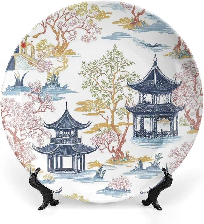 Chinoiserie Pagoda White Coral Blue Asian Fashion Plates of 6", 7", 9", 10", Customize Hand-Painted Ceramic Decorative Plates, Table Housewarming Gifts Decorations Display, Unique Art with Stand