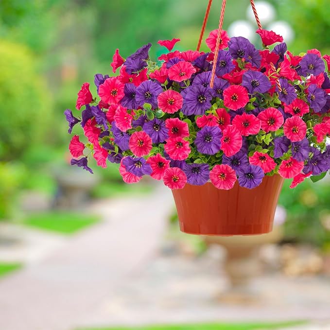 12 Bundles Morning Glory Artificial Flowers for Outdoor Decoration UV Resistant Fake Plastic Plants Artificial Greenery for Indoor Outdoor Garden Patio Window Box Home Decor