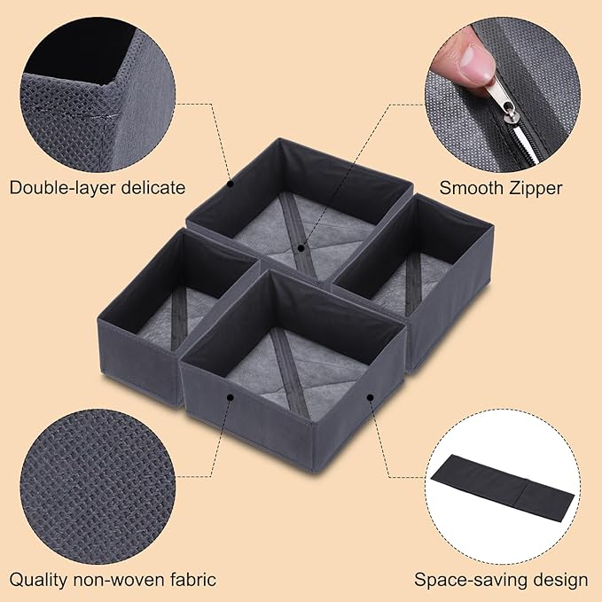 uxcell 1 Set Foldable Cloth Storage Box, 6 Slots Fabric Socks Underwear Drawer Dividers Organizers Baskets Bins for Clothes Socks Scarves Ties, Dark Gray