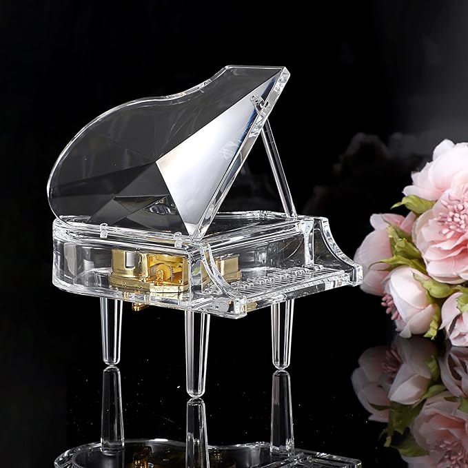ELLDOO Piano Music Box, Mechanical Clockwork Decorative Piano Musical Box,Transparent Acrylic Piano Ornament Romantic Gift for Girl Women (Tune: You are My Sunshine)