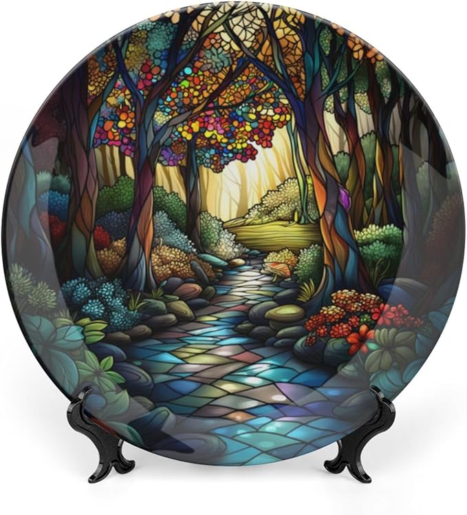 Stained Glass Theme Decorative Ceramic Plate Round Porcelain Plate,10 inch,Sunrise Forest Stream Pattern,for Decorative Ornaments Giving Plates, 1 Plate with 1 Display Stand,Green Gold