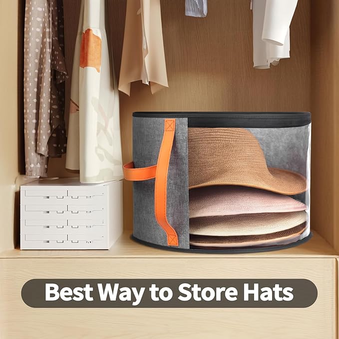Oversized Clear Hat Storage Box for Women, Cowboy Hat Organizer for Closet, Wide Brims Hat Case with Carrying Handles, Hat Bag (Grey)