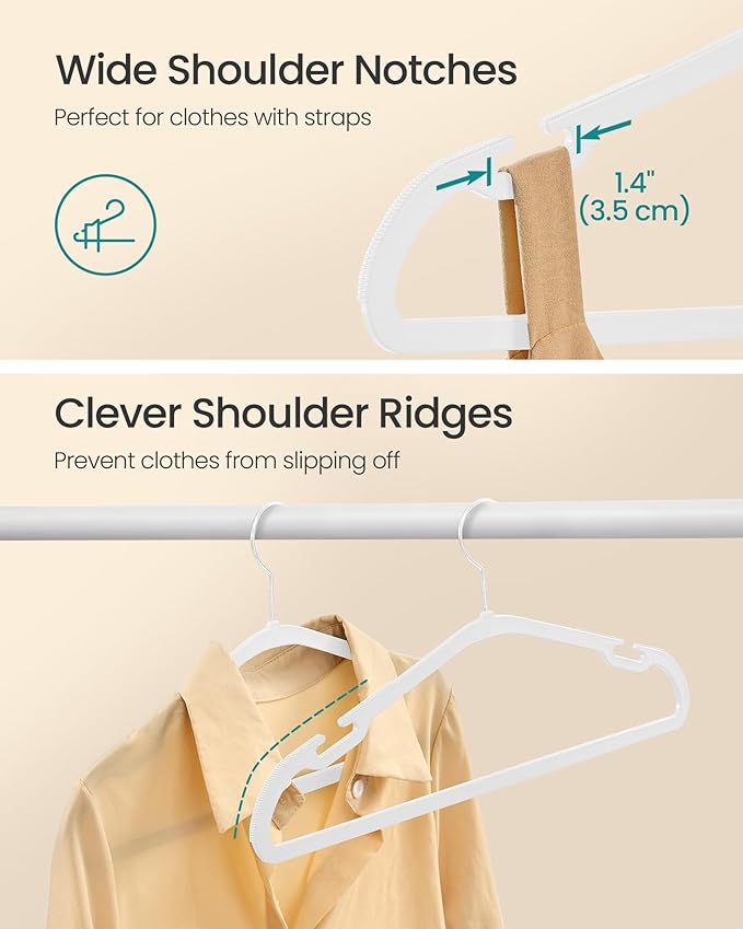 SONGMICS Clothes Hangers 50 Pack, Heavy-Duty Plastic Hangers, Coat Hangers with Wide Shoulder Notches, Pant Bar, 360° Swivel Hook, Space-Saving, 16.4 Inches, for Closet, Cloud White UCRP060W01