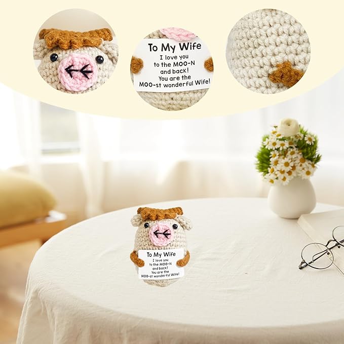Positive Crochet Cow, Cute Positive Crochet Animal Decoration, Emotional Support Gift for Wife Women Men Coworker Friends Family