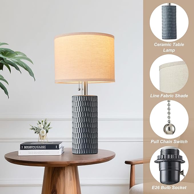 Reaketon 20.5" Modern Ceramic Table Lamps for Bedroom Set of 2, Bedside Lamps for Night Stands with Beige Lampshade, Farmhouse Table Lamp for Living Room Office Dorm, Grey