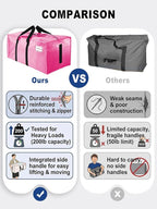 4 Pack Large Strong Moving Bags with Zippers & Carrying Handles - Water-Resistant - Heavy Duty Storage Tote for Space Saving, Fold Flat, Alternative to Moving Box (Pink)