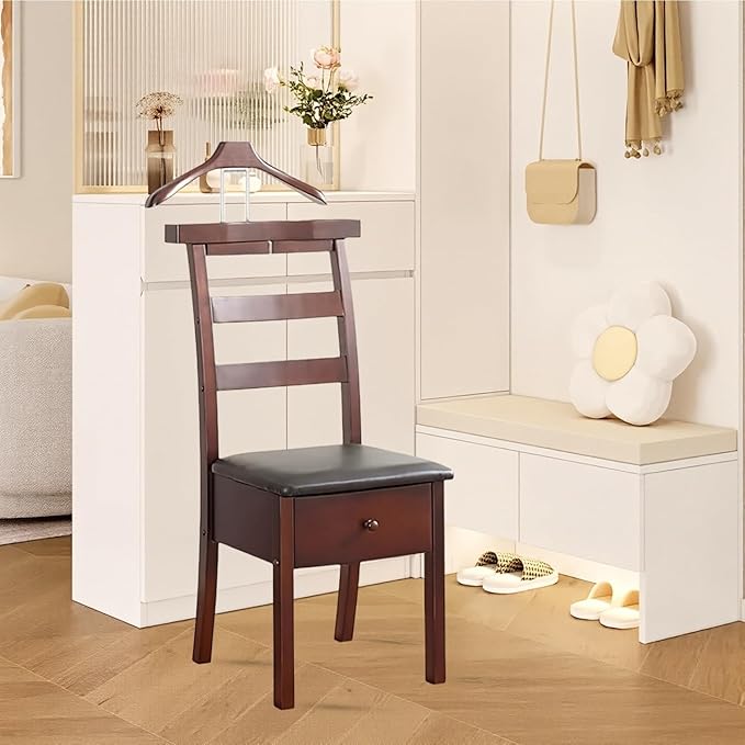 Wood Chair Valet Stand With Hanger Trouser Bar, Top Storage Tray Wardrobe, Clothing Rack Chair Valet With Cushion Wardrobe Men Women Standing Suit Valet for Hotel, Commercial(Dark Brown)