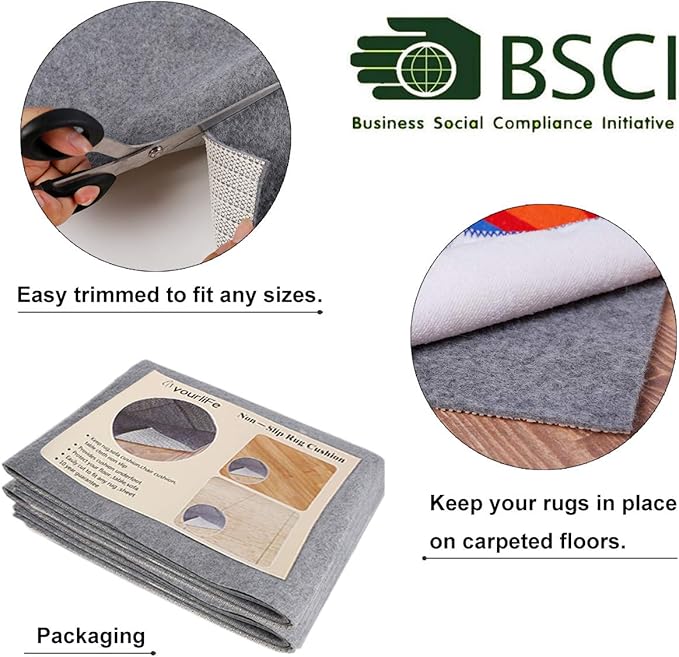 Non Slip Rug Pad Grippers - 10x14 Ft, 1/8" Thick, (Felt + Rubber) Double Layers Area Carpet Mat Tap, Provides Protection and Cushioning for Hardwood or Tile Floors