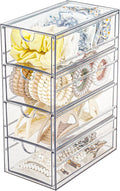 FABROK Clear Hair Accessory Organizer Box with 4 Drawers, Compact Storage Organization Drawers Set for Cosmetics, Glasses, Stationery, Stackable Storage Containers Box for Bathroom, Closet, Desk, Office