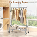 EAGMAK Heavy Duty Clothes Rack Load 420 LBS, Rolling Garment Rack with Lockable Wheels, Standing Metal Clothing Rack with Shelves, Portable Wardrobe Sturdy Coat Rack for Hanging Clothes (Silver)