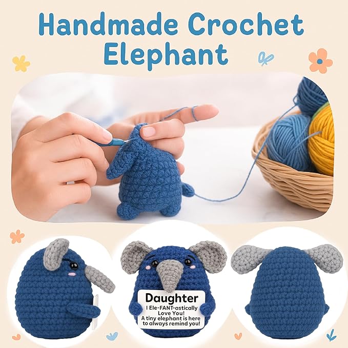 Gifts for Daughter from Mom Dad, Handmade Crochet Elephant Doll, Emotional Support Animal Gift for Girls, Cute Inspirational Gift for Daughter, Graduation Gift Idea