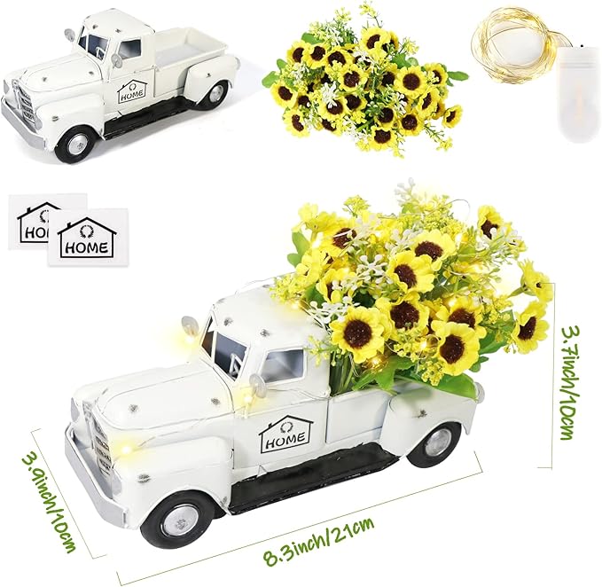 OurWarm Vintage White Truck Decor with Sunflowers Artificial Flowers Farmhouse Table Decor, LED String Lights Metal Truck Sunflower Decor for Home Rustic Farmhouse Tiered Tray Decor, Table Top Decor