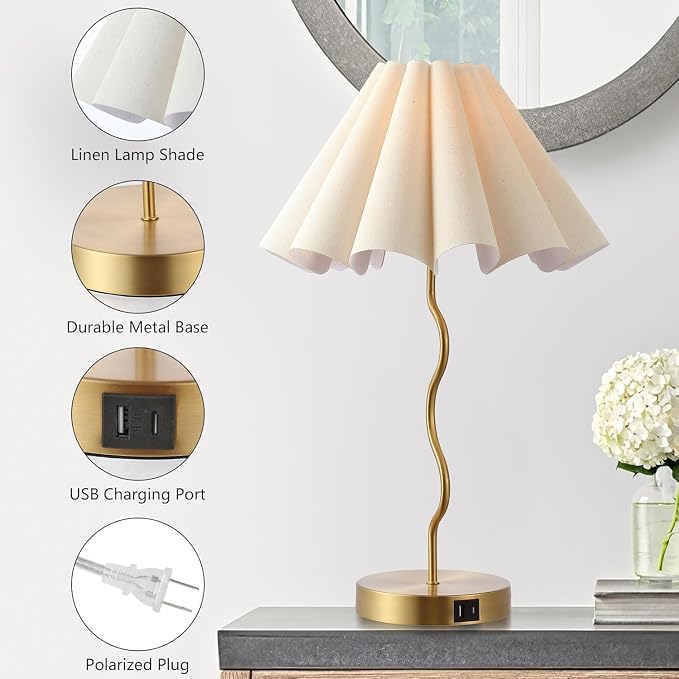 EOEYYOYB Pleated Table Lamp, Set of 2 Table Lamps for Bedroom, Bedside Lamps for Nightstand with Linen Lampshade, Modern Lamp for Bedroom Home Office Decor, Gold
