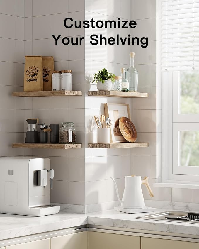 Amada Homefurnishing Floating Shelves, Paulownia Wood Wall Shelves for Living Room/Bedroom/Kitchen/Home Office, Wood Floating Shelf for Home Storage & Organization, Set of 4, 15.75″L x 5.91″W x 0.98″H