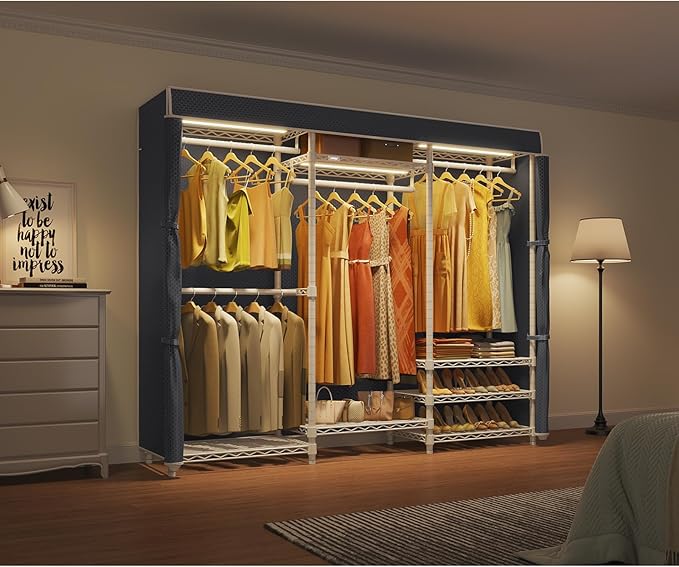 VIPEK V5LC Garment Rack Heavy Duty Covered Clothes Racks with Dimmable LED Light, 3000K Warm White, Portable Closet Wardrobe Freestanding Clothing Rack for Hanging Clothes, White Rack with Black Cover