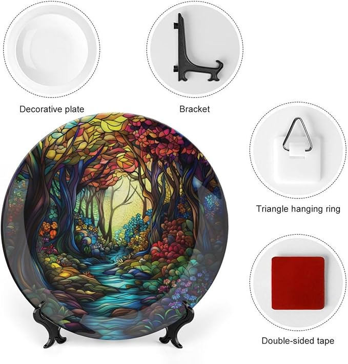 Stained Glass Theme Decorative Ceramic Plate Round Porcelain Plate,10 inch,Sunrise Forest Stream Pattern,for Decorative Ornaments Giving Plates, 1 Plate with 1 Display Stand,Multicolor