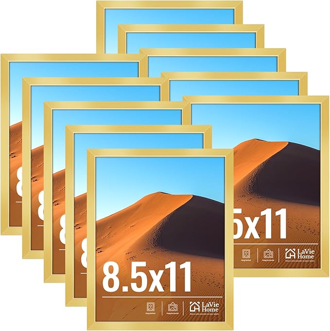 LaVie Home 8.5x11 Picture Frame Gold Set of 10, Display 8.5 x 11 Picture, Photo Frame Collage for Wall Gallery or Table Deco, Hanging or Tabletop Display
