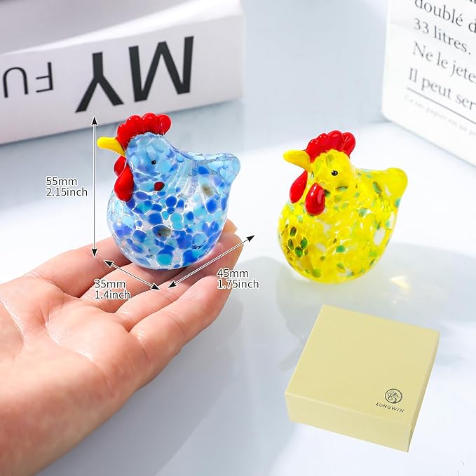 LONGWIN 2PCS Mini Glass Chicken Figurine Hand Blown Art Glass Rooster Animal Statues Collectible Figurines Unique Gift Home Decor Ornaments