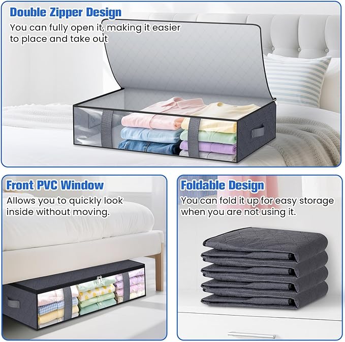 Under Bed Storage Containers, 6 Pack Blanket Storage Bags, Collapsible Storage Bags with Big Zippers, Clear Front, Shoe Storage and Organization for Clothes, Comforter, 60L, Grey