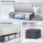 Under Bed Storage Containers, 8 Pack Blanket Storage Bags, Collapsible Storage Bags with Big Zippers, Clear Front, Shoe Storage and Organization for Clothes, Comforter, 60L, Grey