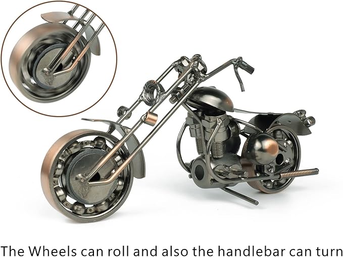 TRANSGOOD Handmade Motorcycle Model with Rolling Wheels, 9" Vintage Steampunk Bike Sculpture, Heavy-Duty Iron Desk Decor, Unique Biker Gift for Dad Husband, Industrial Man Cave Office Home Art