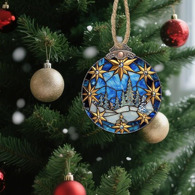 DASTOLL Stained Glass Christmas Decorations, Golden Stars White Snow Scene Suncatcher for Window Christmas Tree Hanging Ornaments Blue Sun Catcher Xmas Decor Gifts for Women Men Mom Nana Friend