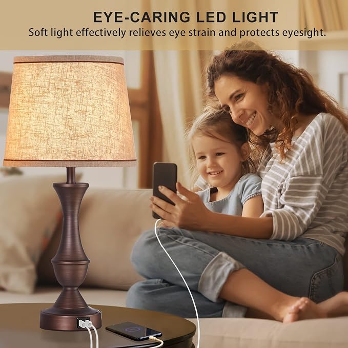 Luvkczc Touch Table Lamps Set of 2, 22" Tall Bedside Lamps with USB C+A Ports, Dimmable Table Lamp, Nightstand Lamps for Bedroom, Living Room, Office, Brown Lamps with Beige Lampshade, Bulbs Included