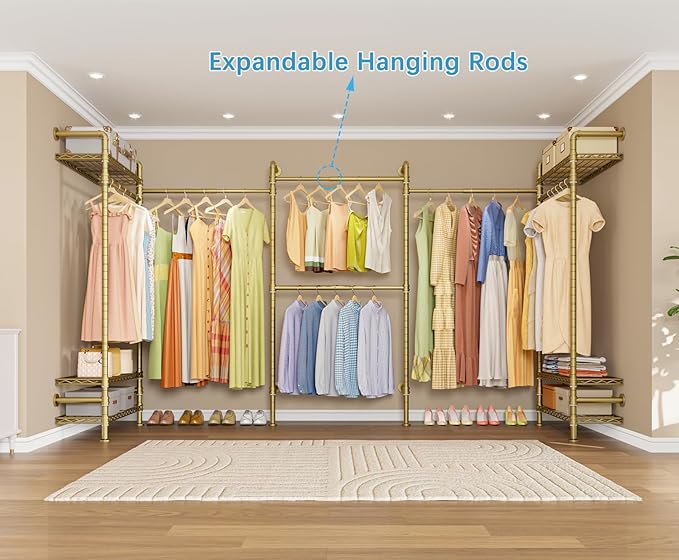 Timate L2 Wall Mounted Clothes Rack Industrial Pipe Clothing Rack for Hanging Clothes, Adjustable Expandable Garment Rack Heavy Duty Closet Organizer, Gold Mounted Closets Industrial Closet System