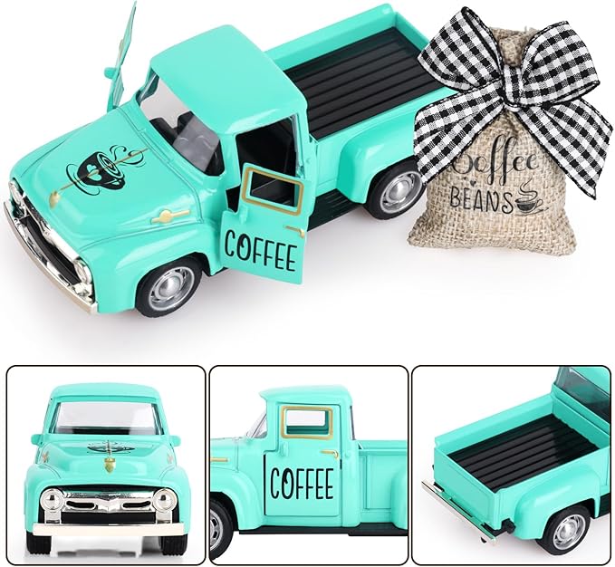 Hxezoc Coffee Decor for Coffee Bar Metal Truck with Coffee Beans Burlap Sack Vintage Pickup Mini Diecast Truck for Farmhouse Coffee Station Home Coffees Bar Tabletop Decorations (Blue)