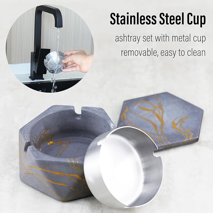 FREELOVE Concrete Ashtray with Lid & Stainless Steel Ashtrays for Cigarettes, Cement Ash Tray Smoking Holder Indoor Smokeless Outdoor Windproof Patio Home Office Cool Decor(Grey-Gold, Small)