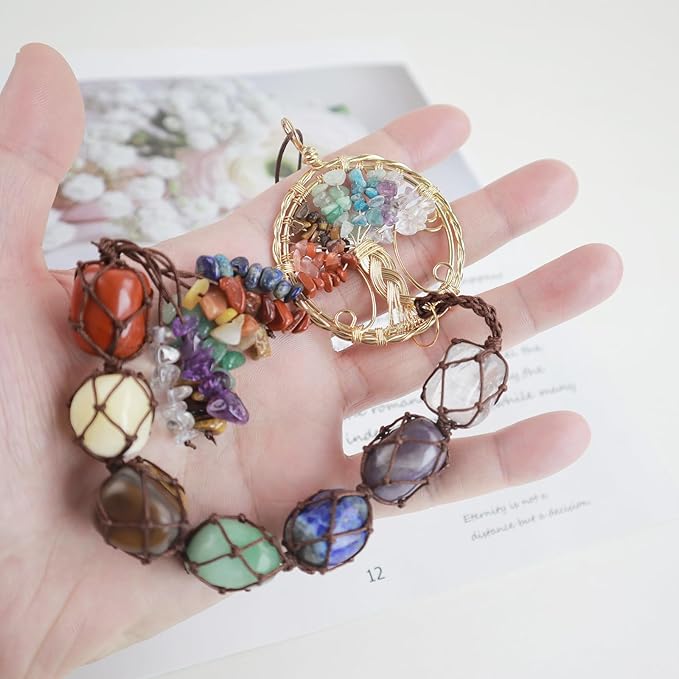 Handmade Crystal Window Car Hanging Ornaments 7 Chakra Home Decoration Feng Shui Ornament Yoga Meditation Car Decoration Tumbled Palm Stones (Style9)