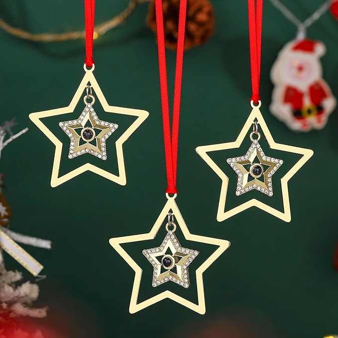 Set of 3 Christmas Hanging Ornaments - Silver Snowflake Star Pawprint Christmas Tree Decor for Xmas Tree Gift Decorative Hanging Ornaments Hanging Pendants (3, Golden Star)