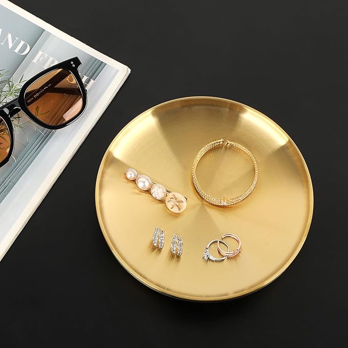 Round Key Dish for Entry Table Stainless Steel Display Tray Gold Candle Plate Jewelry Display Holder for Vanity Kitchen Coffee Counter, 7.5" x 7.5" x 1.2"