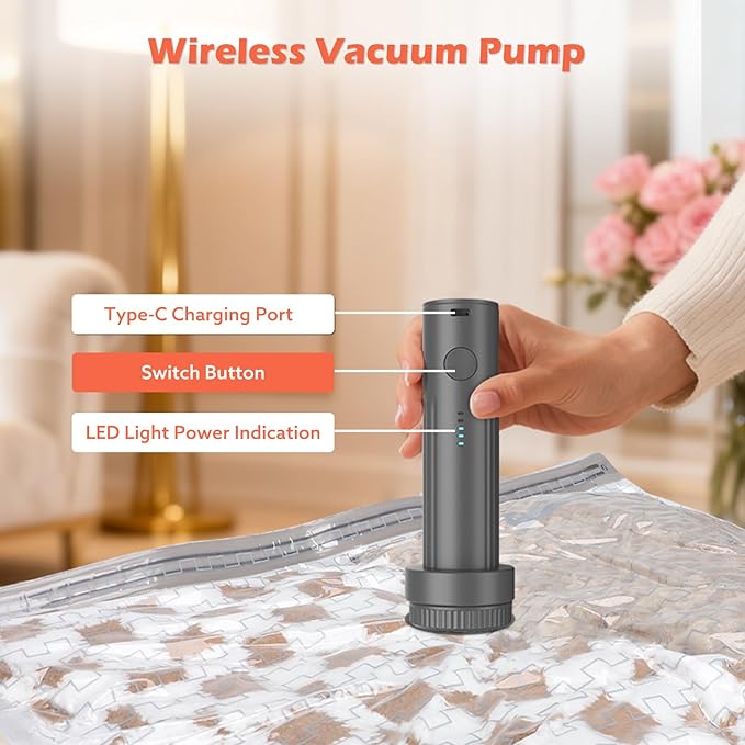 Vacuum Storage Bags Jumbo with Wireless Charging Air Pump, 10 Pack Vacuum Seal Bags 27.6x39.4 inches, Compression Bags for Blankets, Comforters, Pillows, Bedding,Down Jacket, Clothes Storage