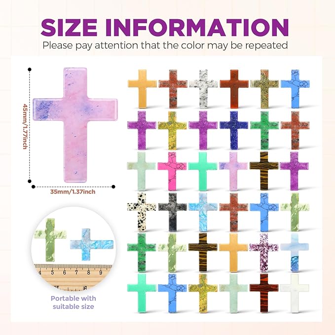 Nuenen 50 Pcs Cross Charm for Women Man Celebration Grad Decor Crystal Pocket Cross Necklace Natural Worry Stone Gift for Jewelry Making Craft Festival Decor(1.77 x 1.38 x 0.24 Inch,Cute)
