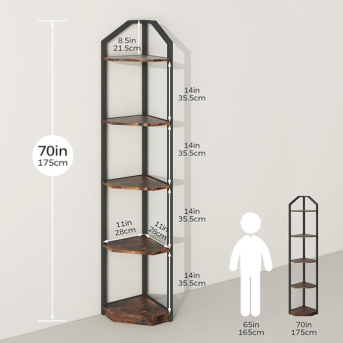 Fun Memories 5 Tier Corner Shelf, 70” Corner Shelf Stand, Corner Bookshelf Plant Stand, Storage Shelf for Bathroom, Living Room, Kitchen,Home Office, Brown