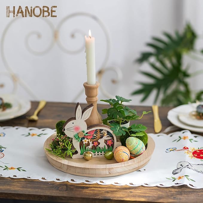 Hanobe Wood Decorative Tray：Set of 2 Round Unfinished Wooden Craft Trays DIY Ottoman Serving Tray Centerpiece Candle Holder Trays for Kitchen Countertop Crafts Art Home Decor Montessori Activity