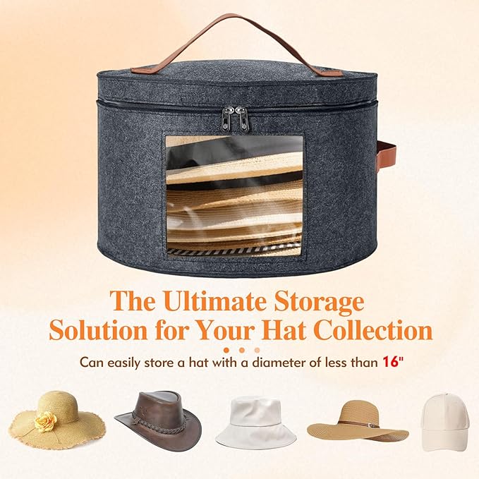 Round Hat Box, Stackable Felt Hat Boxes for Women Storage, Foldable Premium Hat Travel Case with Dustproof Lid, Space Saving Hat Organizer (Grey)
