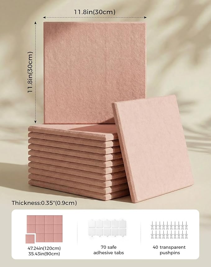 Aothia 12-Pack Felt Bulletin Board Tiles for Walls - 48x36 Modular Bulletin Board, Cork Board Alternative Pin Board for Office & Classroom, 70 Adhesive Tabs & 40 Push Pins Included (Pink)